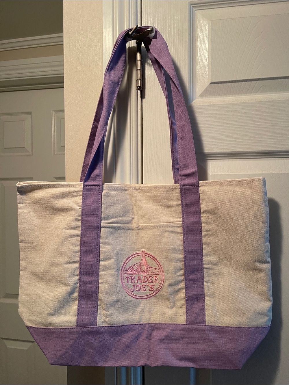 Trader Joe's Large Cream Canvas Tote with Lavender Accents